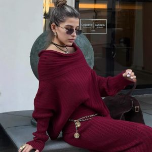 Winter Knitted Two Piece Set for Women Elegant Off Shoulder Sweater Pullover Top Slim Skirt Suit Fashion Office Ladies Outfits